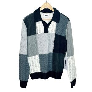 Obey Oliver Patchwork Sweater Black Gray Mens Small Grandpa Preppy Collared